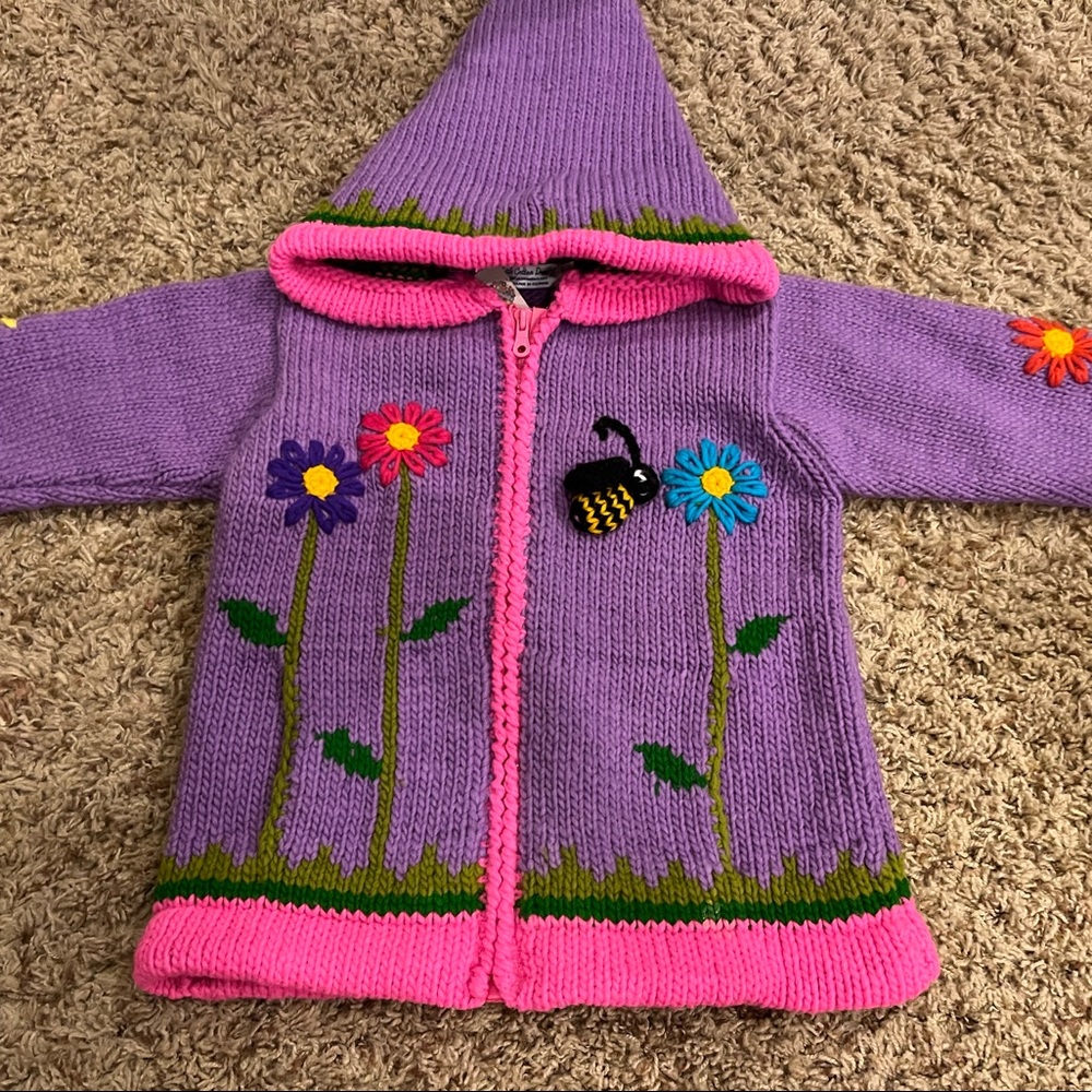 Little Cotton Dress Purple / hot pink Bee Happy wool sweater coat. NWT. Sz6